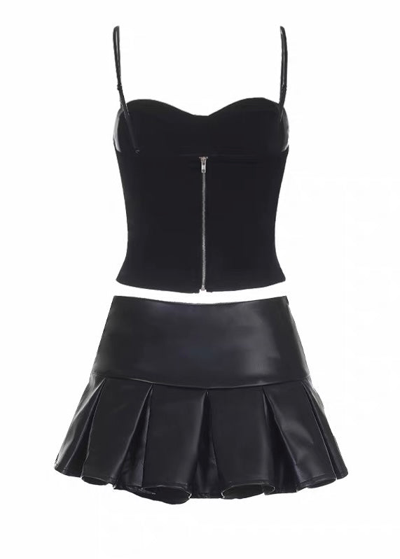 DARK LEATHER PLEATED SET / LG1650