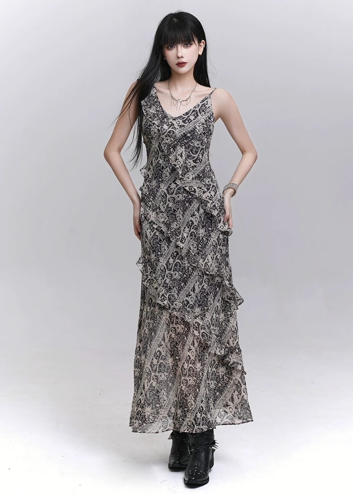 Grey tie-dye x tulle drape dress / lg1312 