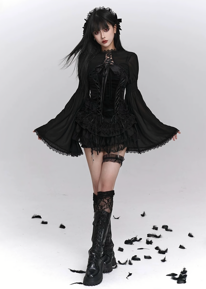 Gothic Lace Camisole & Frill Skirt Set + Flare Sleeve Cardigan / LG1404