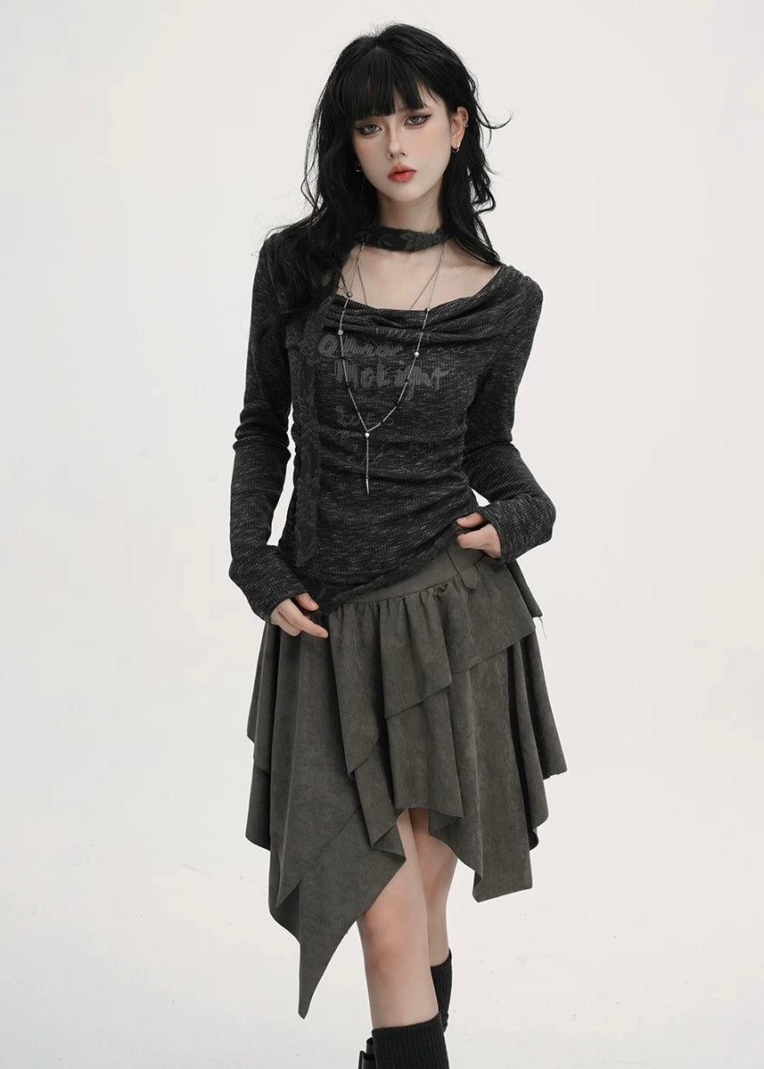 ASYMMETRY SUEDE LAYERED SKIRT / LG1397