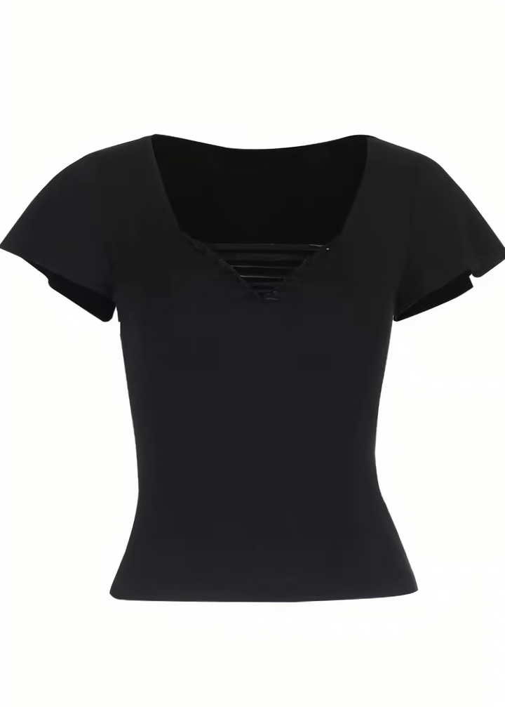 DARK LACE-UP V-NECK TOP / LG1636