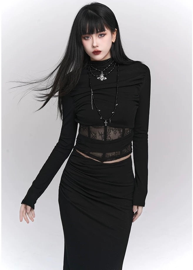 [Same-day shipping] Black lace cut and sew &amp; mermaid skirt / LG1143