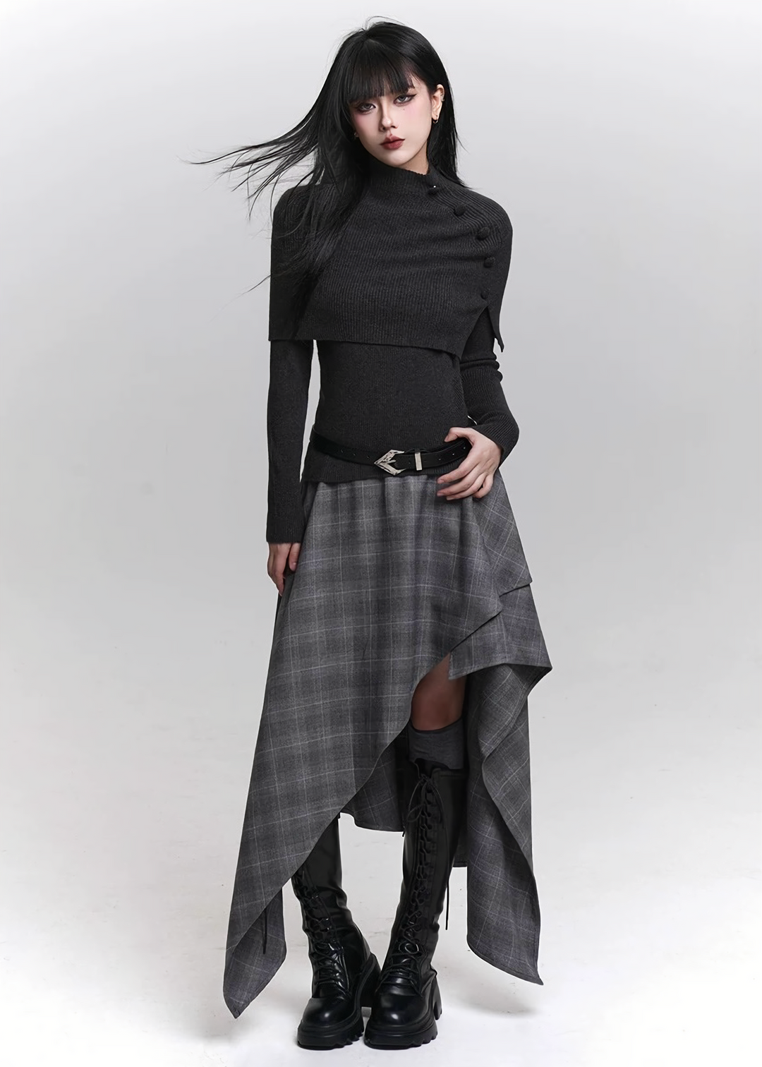 ASYMMETRIC SHADOW CHECK SKIRT / LG1470