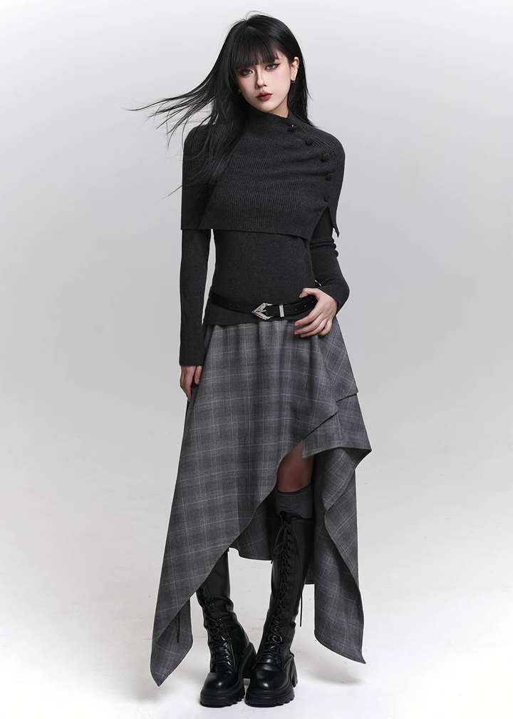 ASYMMETRIC SHADOW CHECK SKIRT / LG1470