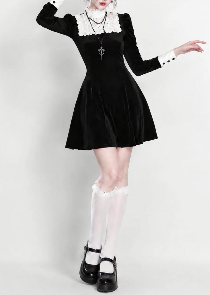 CONTRAST LACE COLLAR MINI DRESS / LG1740