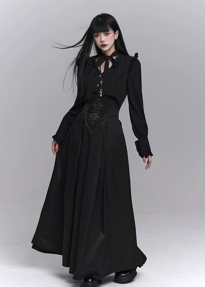 frill blouse &amp; high waist pleated long skirt / LG1224