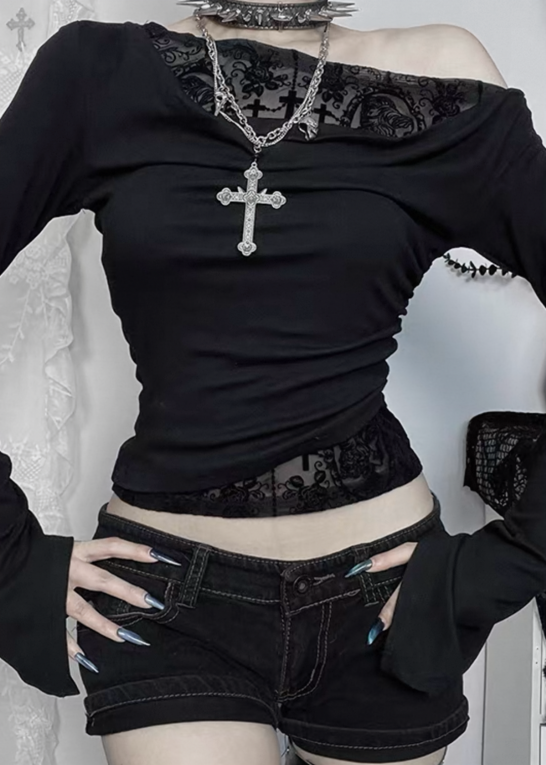 GOTHIC DRAPE ONE SHOULDER LACE TOP / LG1559