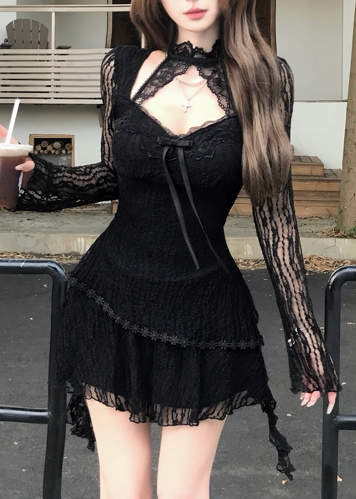 HALTER RIBBON LACE MINI DRESS / LG1714