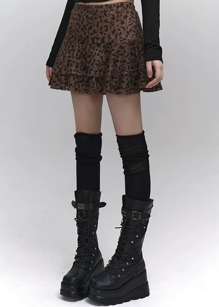 [Same-day shipping] Black lace cut and sew + leopard print skirt / LG1160