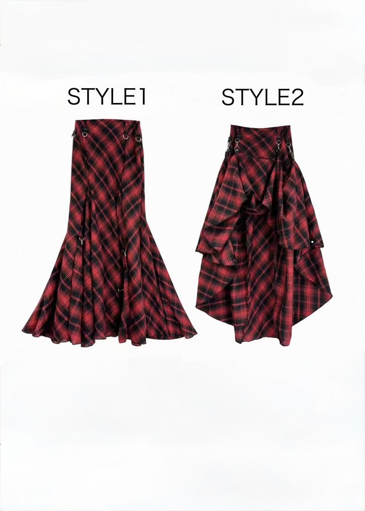 RED CHECK ASYMMETRY LAYERED SKIRT / LG1572