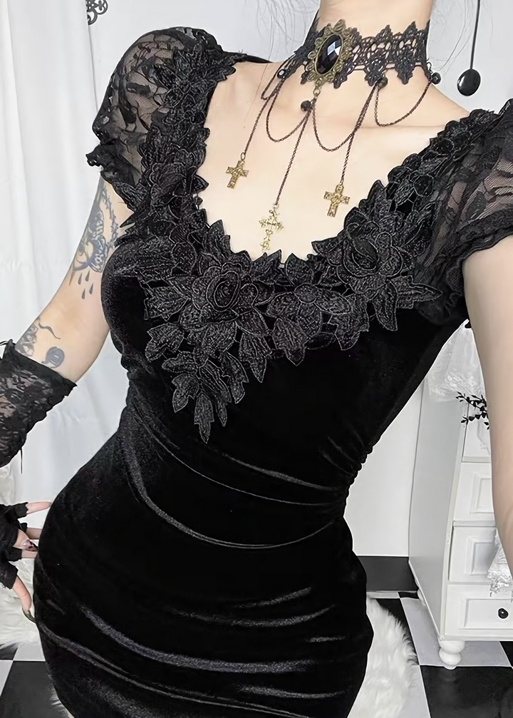 GOTHIC LACE VELVET MINI ONEPIECE / LG1674