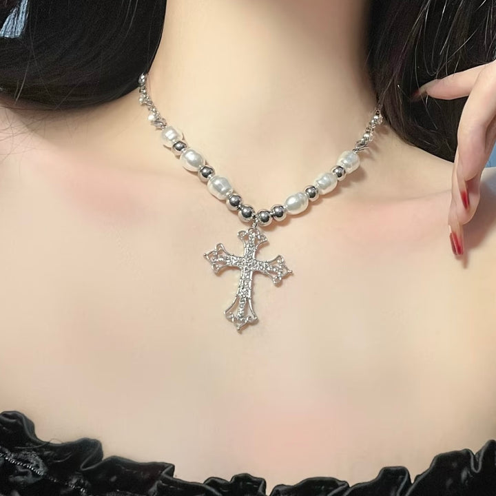 MULTI PEARL CROSS NECKLACE / A1150