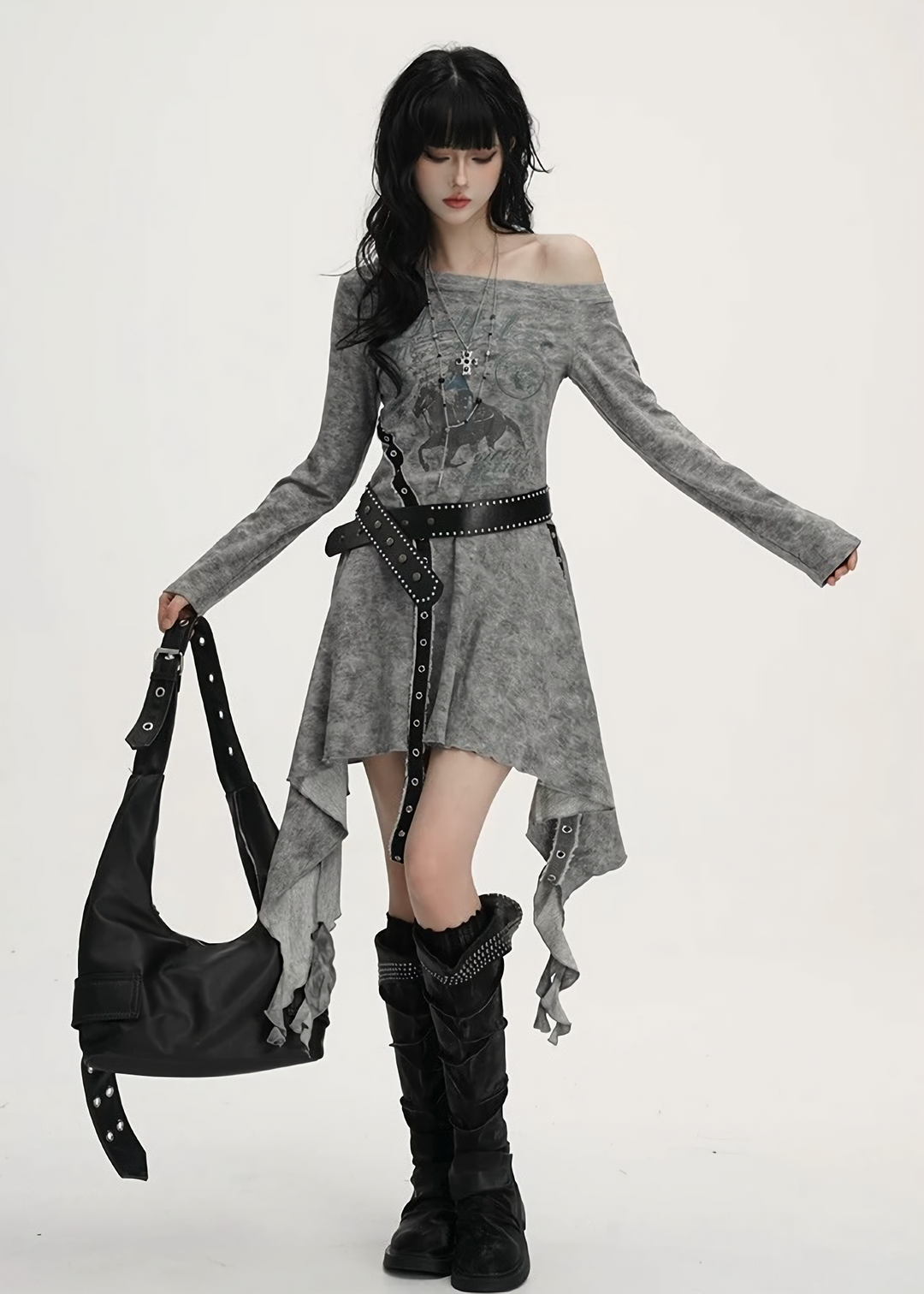 ACID WASH ASYMMETRIC BELTED DRESS / lg1363_e4r