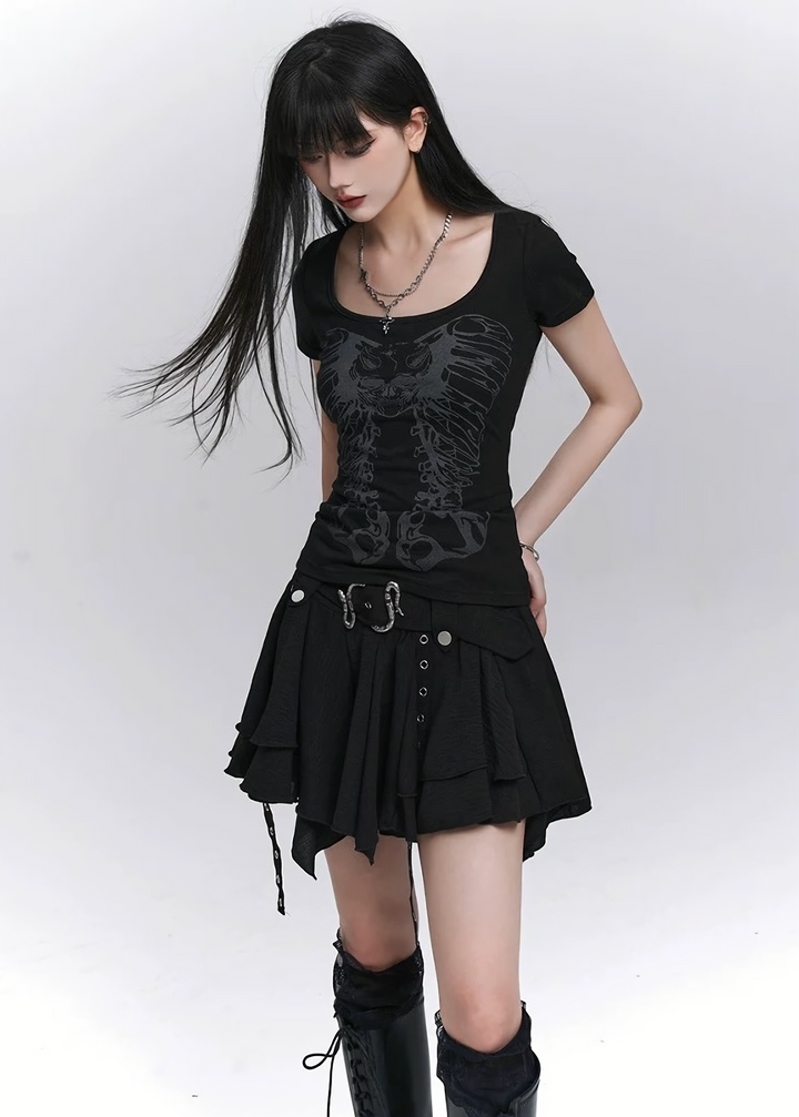 Dark skull rib print T-shirt / lg1270
