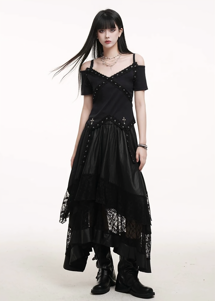 Off-the-shoulder cross rivet top &amp;amp; Lace Patchwork Solid Color Skirts / lg1254 