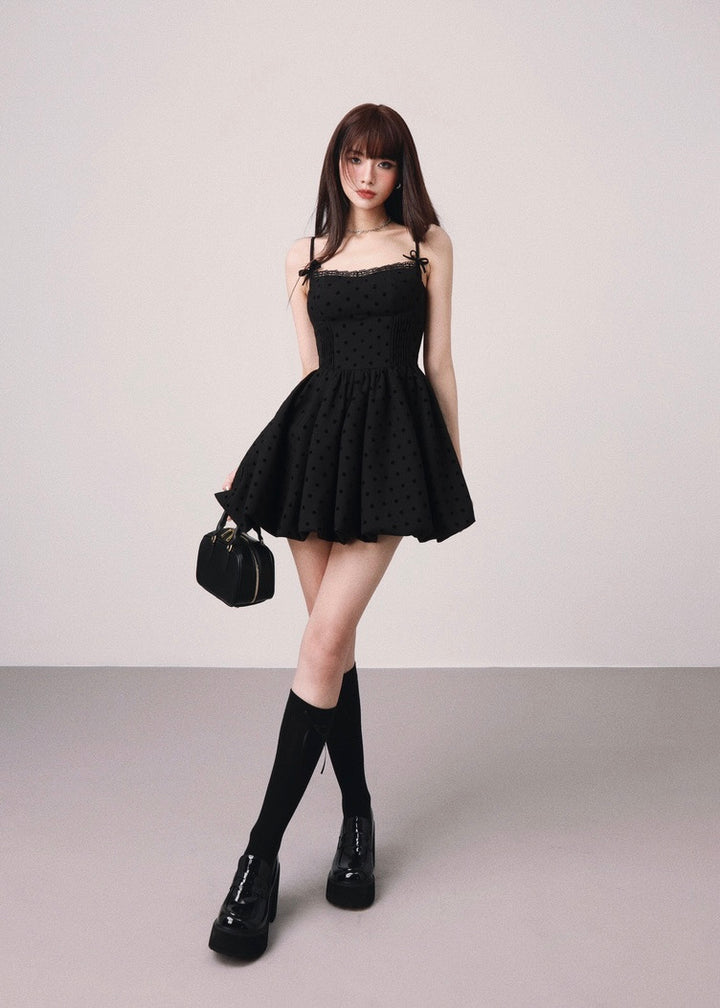 Dot black balloon mini dress / mu1124