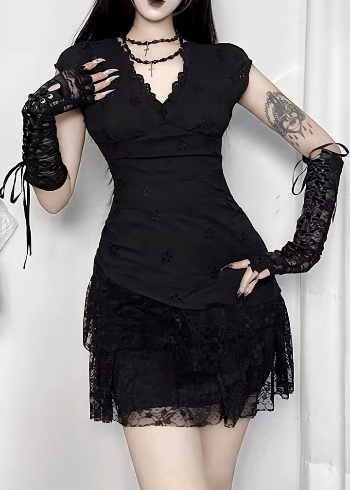 DARK LACE V-NECK MINI ONEPIECE / LG1691