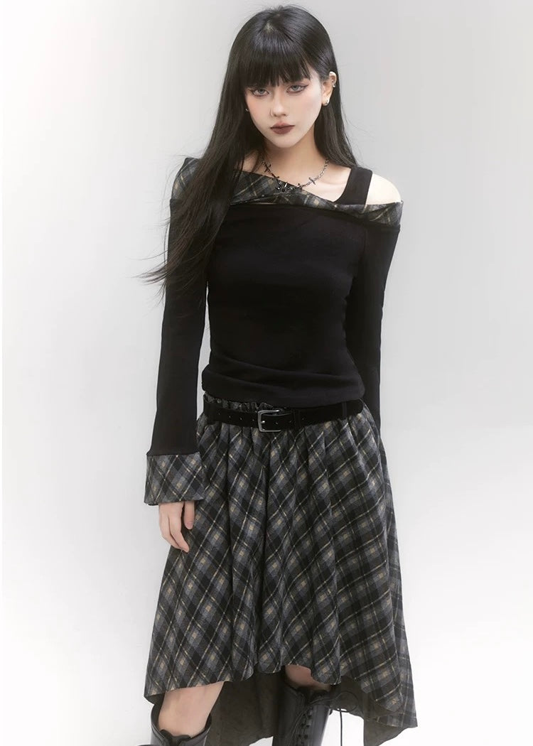 off shoulder check top ＆ unbalanced check skirt / LG1189