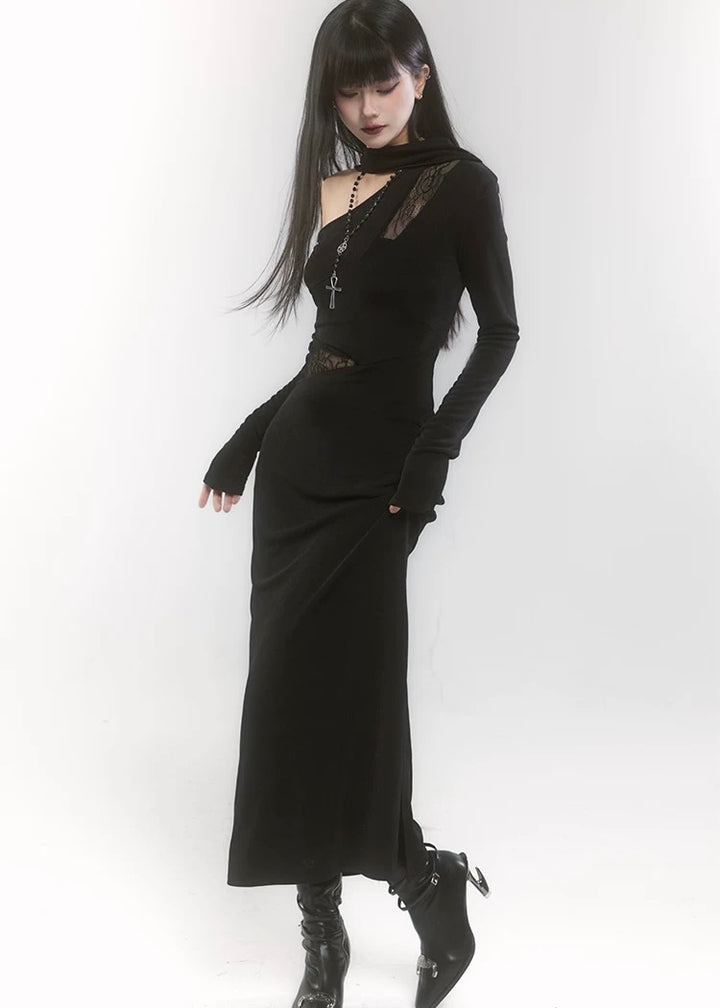 【당일 배송】one shoulder scarf dark dress / LG1190