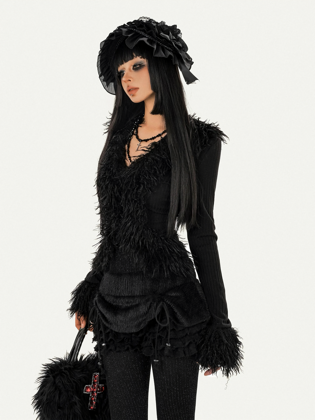 GOTHIC FUR LAYERED KNIT TOP / NM1101