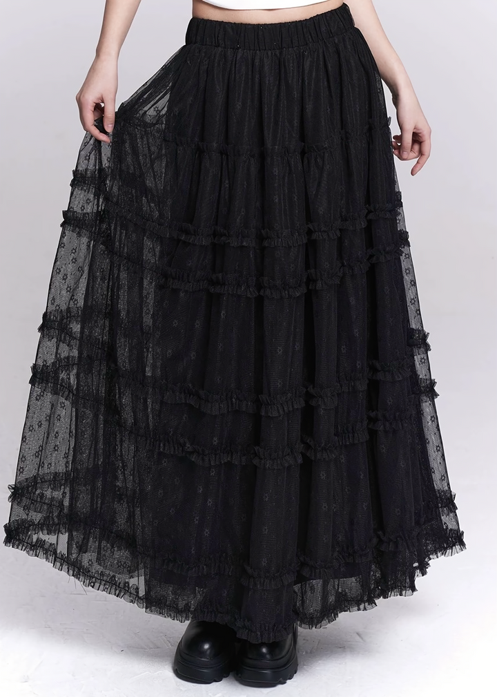 BLACK LACE TIERED MESH SKIRT / LG1531_e4r