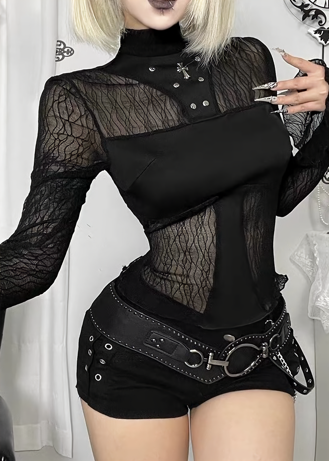 GOTHIC SHEER LACE FLARE SLEEVE TOP / LG1671