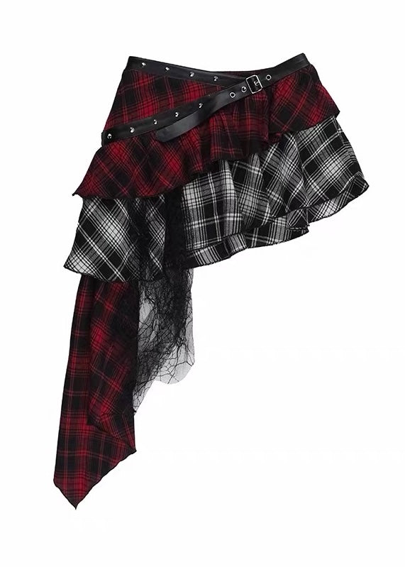 DARK LACE-UP TOP &amp; ASYMMETRIC PLAID SKIRT SET / LG1685