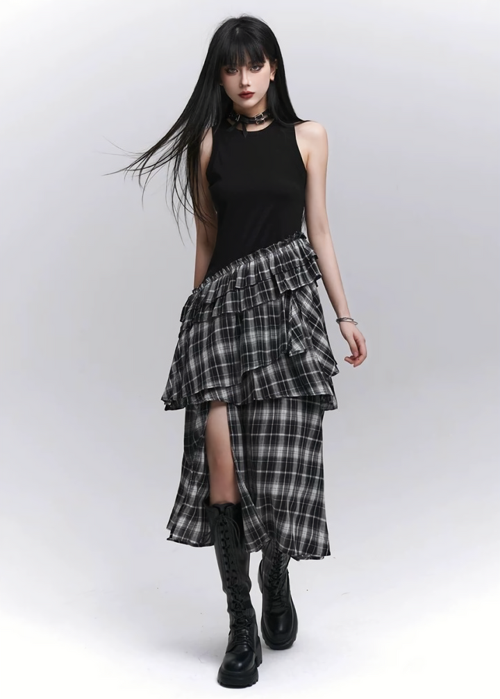 GOTHIC ASYMMETRY CHECK DRESS / LG1283
