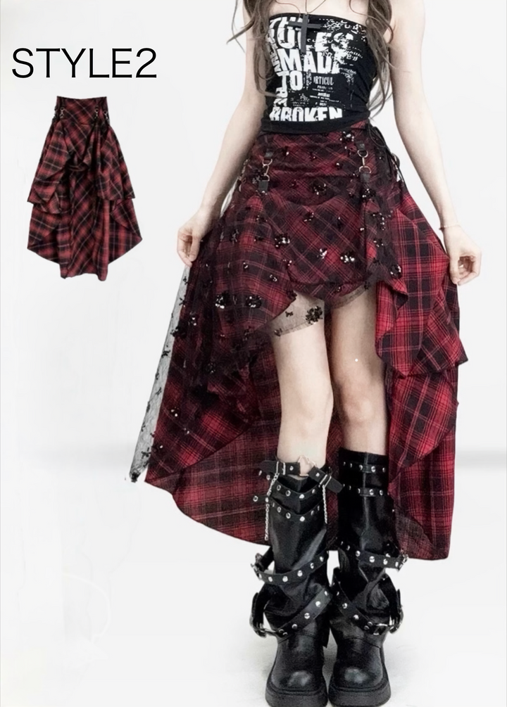 RED CHECK ASYMMETRY LAYERED SKIRT / LG1572