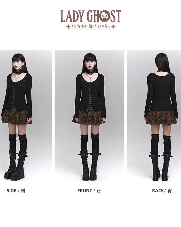 [Same-day shipping] Black lace cut and sew + leopard print skirt / LG1160