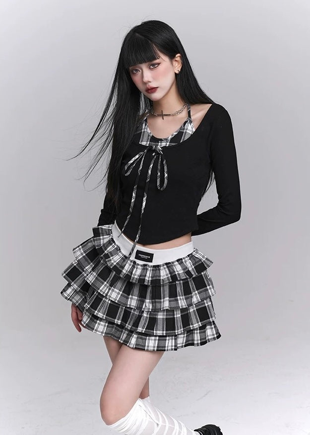 Checkered Tiered Mini Skirt Set / LG1221 
