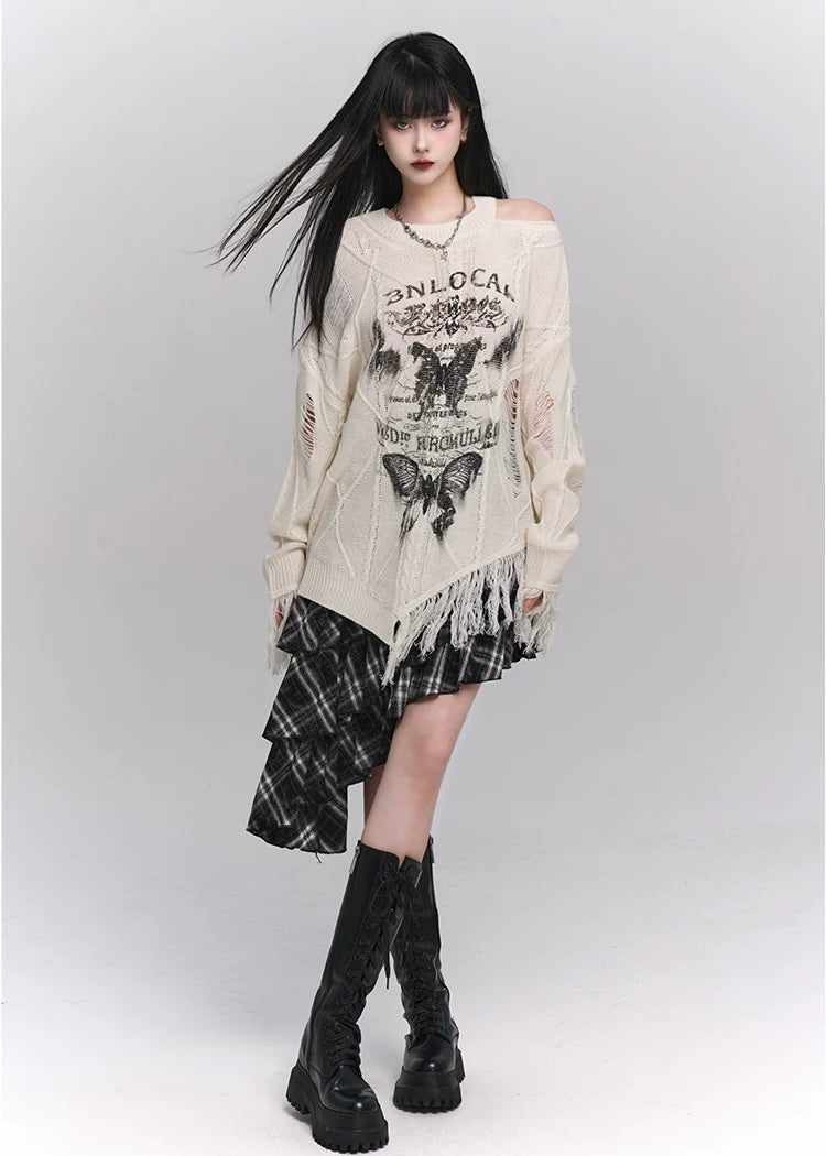 butterfly grunge front design fully distressed knit / LG1169 