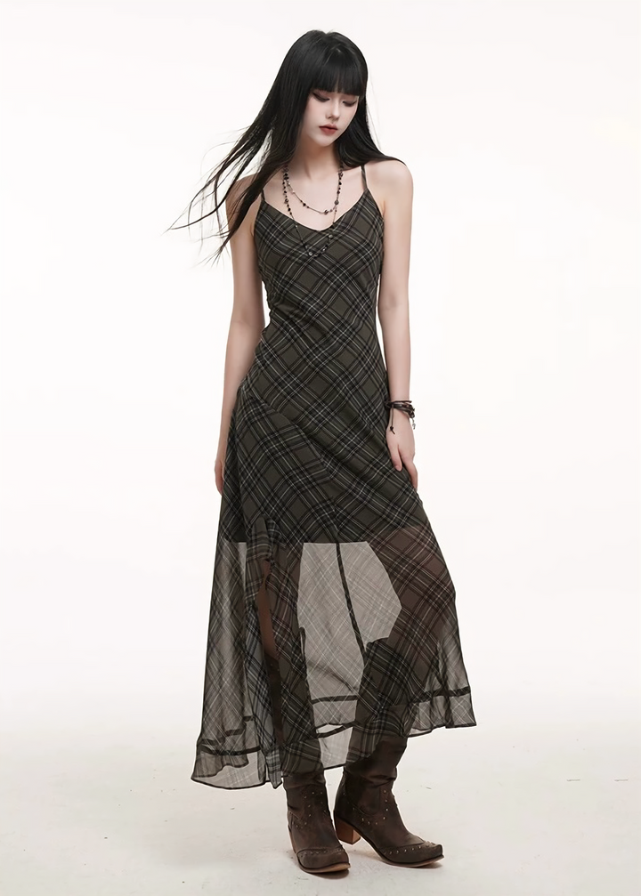 Sheer Check Camisole Dress/lg1252 