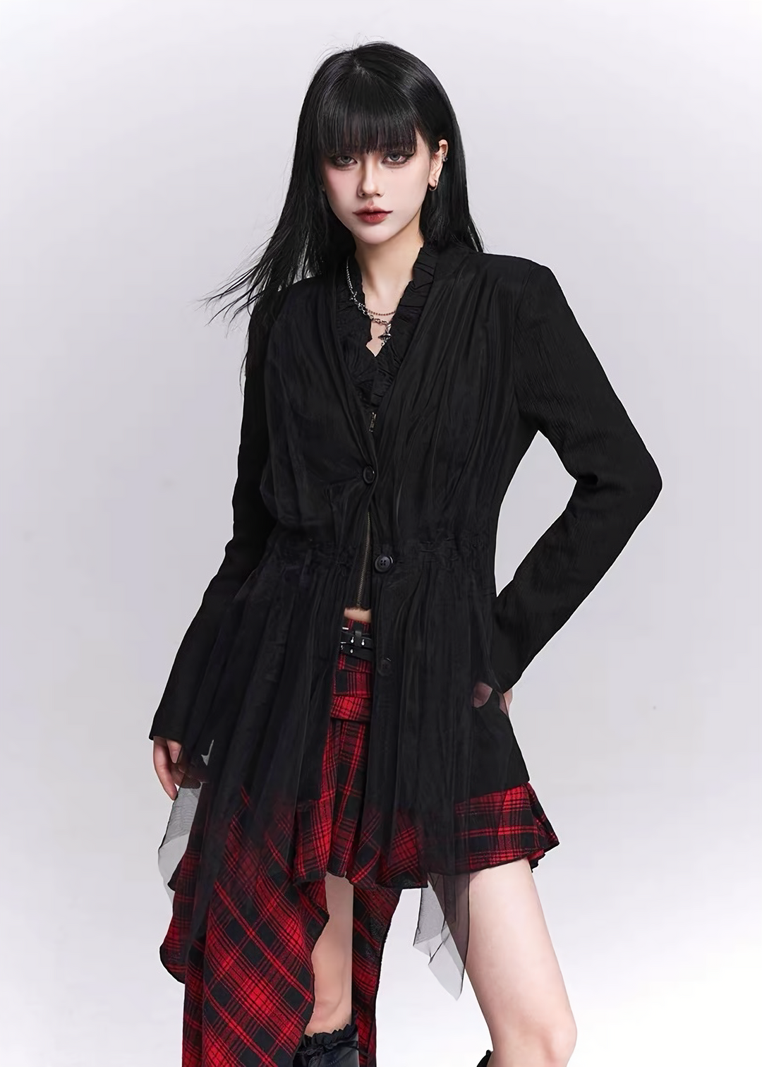 Sheer Pleats Layered Long Shirt / LG1517