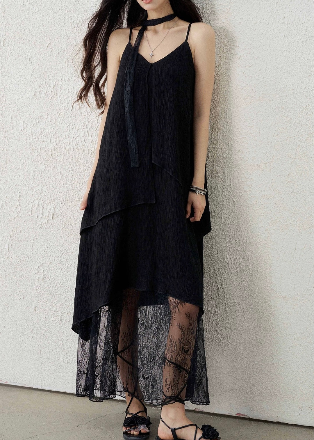 LACE LAYERED DRAPE CAMI DRESS / LG1595