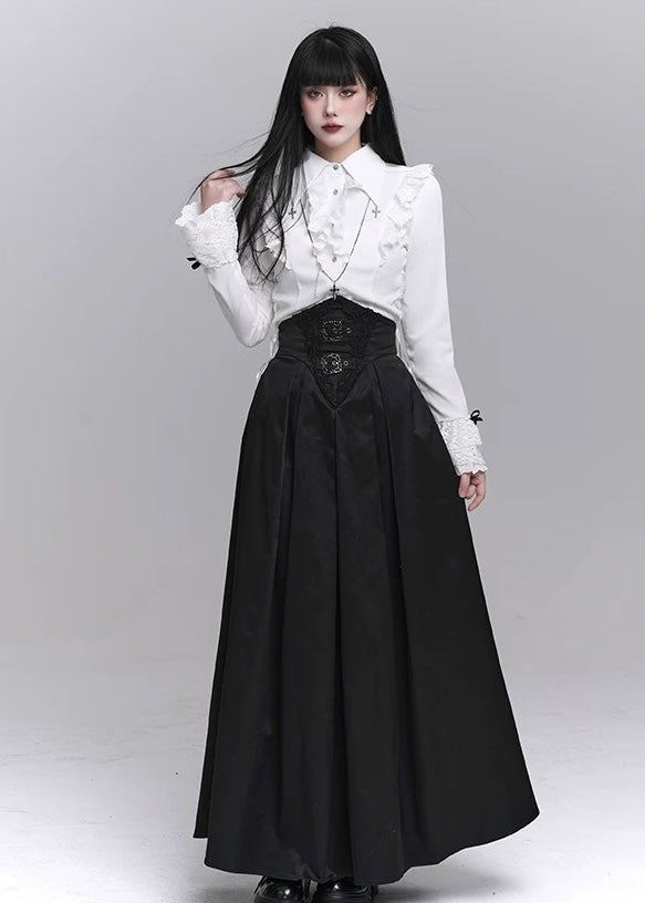 frill blouse &amp; high waist pleated long skirt / LG1224