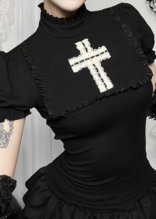 GOTHIC LACE CROSS FRILL TOP / LG1660