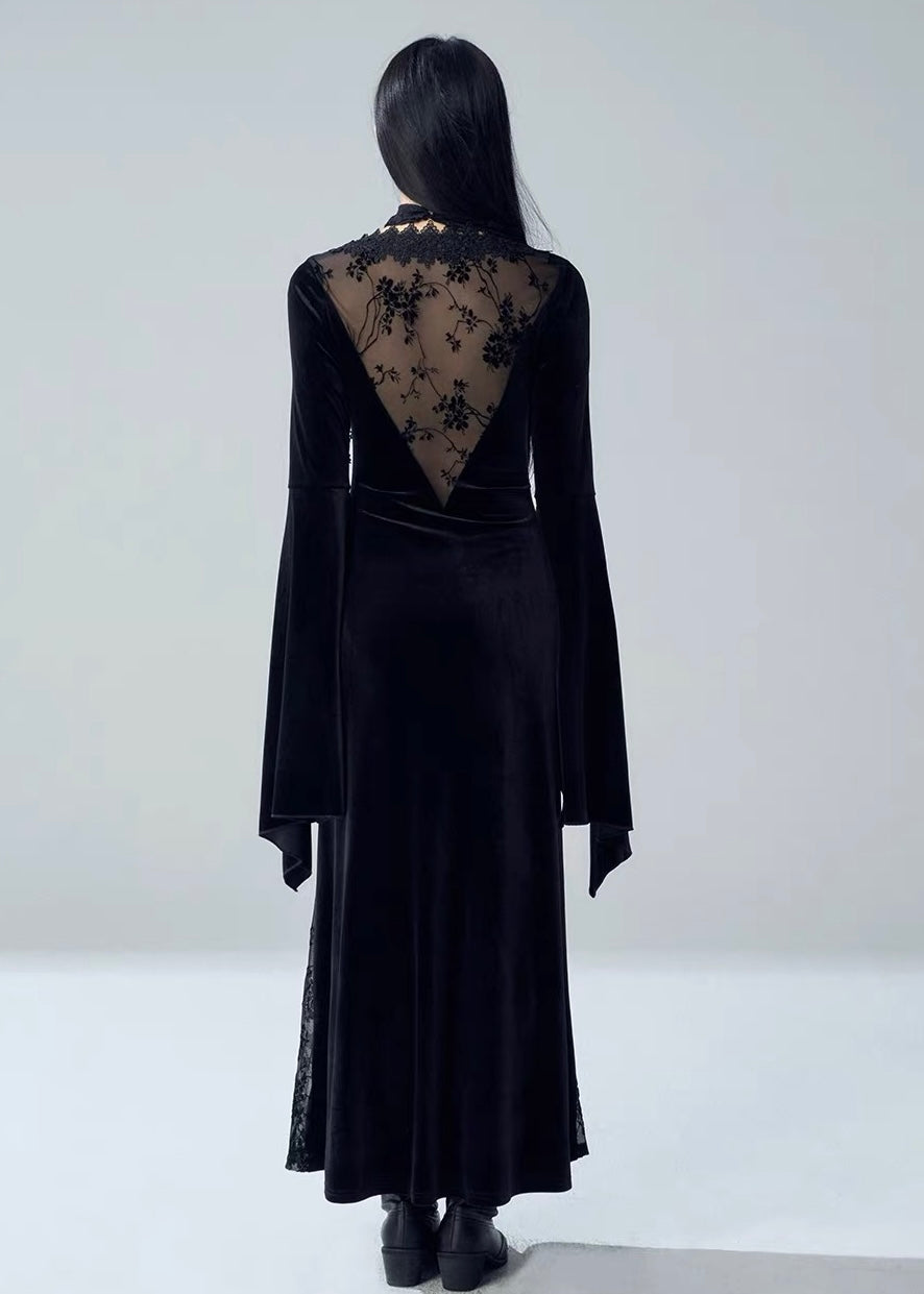 VELVET LACE-UP LACE PANEL LONG DRESS / LG1729