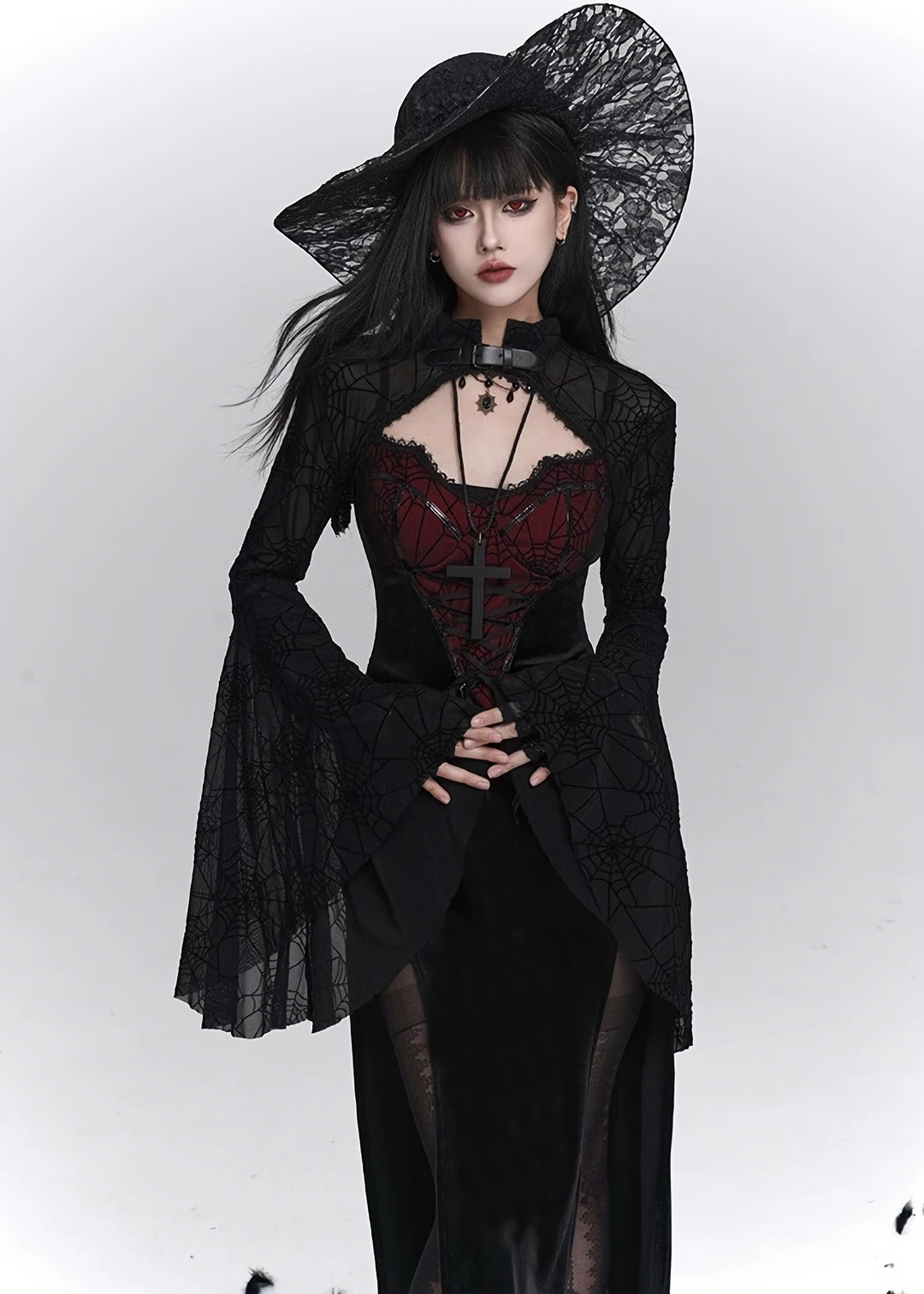 Crimson Web Lace-up Gothic Dress  & Cardigan  / LG1410
