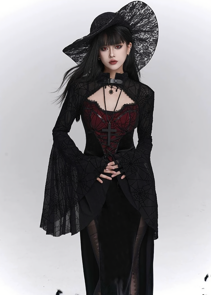Crimson Web Lace-up Gothic Dress  & Cardigan  / LG1410