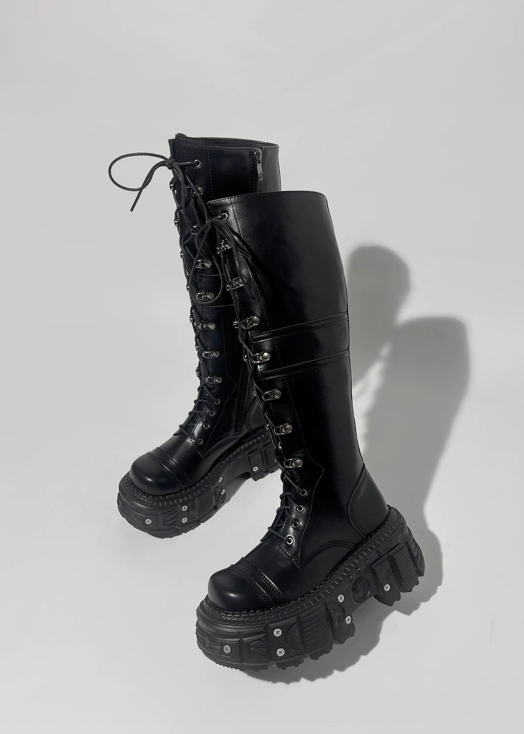 Black platform lace-up long boots / V1101