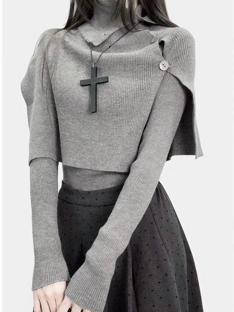 ASYMMETRIC CAPE KNIT TOP SET / LG1744