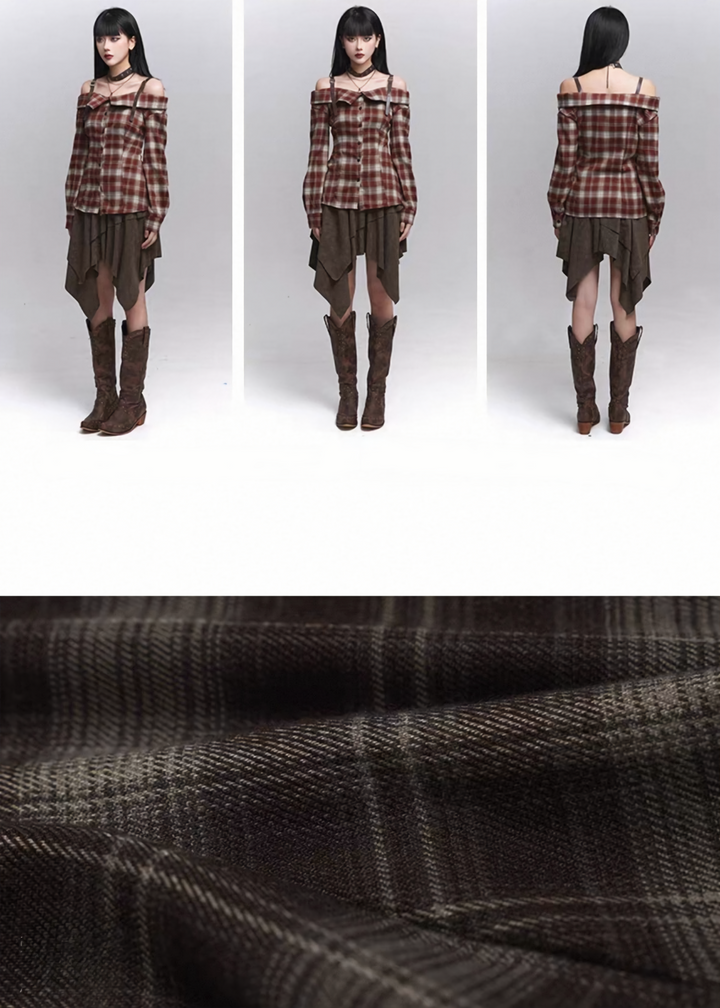 Plaid Off-Shoulder Strap Shirt / lg1366