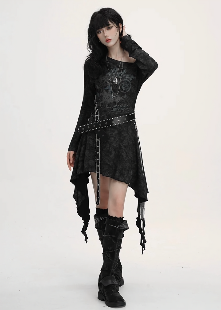ACID WASH ASYMMETRIC BELTED DRESS / lg1363_e4r