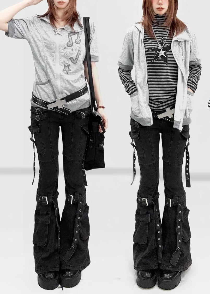 DARK WASHED BUCKLE FLARE CARGO PANTS / LG1683