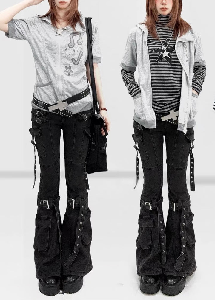 DARK WASHED BUCKLE FLARE CARGO PANTS / LG1683