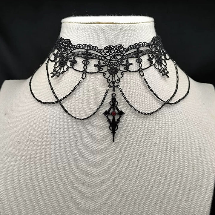 Black Lace Chain Gothic Choker / a1113_e4r