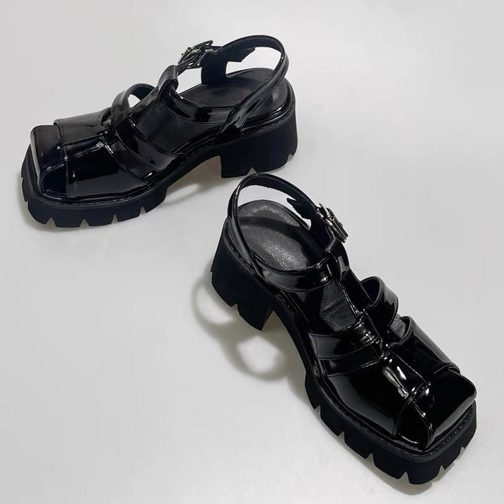 DARK Patent Strap Chunky Heel Sandals / V1181