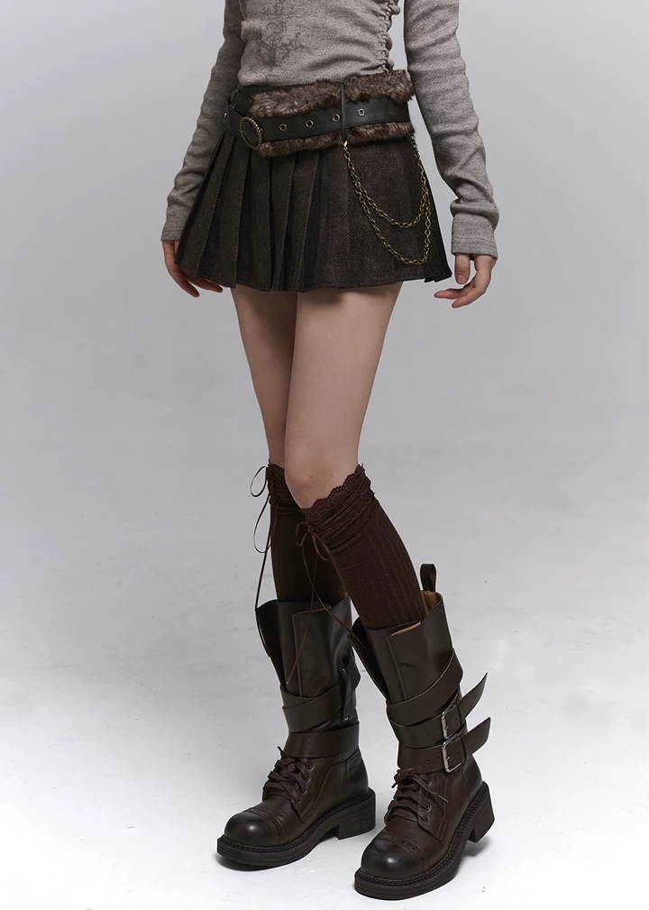 CHAIN BELT PLEATED MINI SKIRT / lg1333