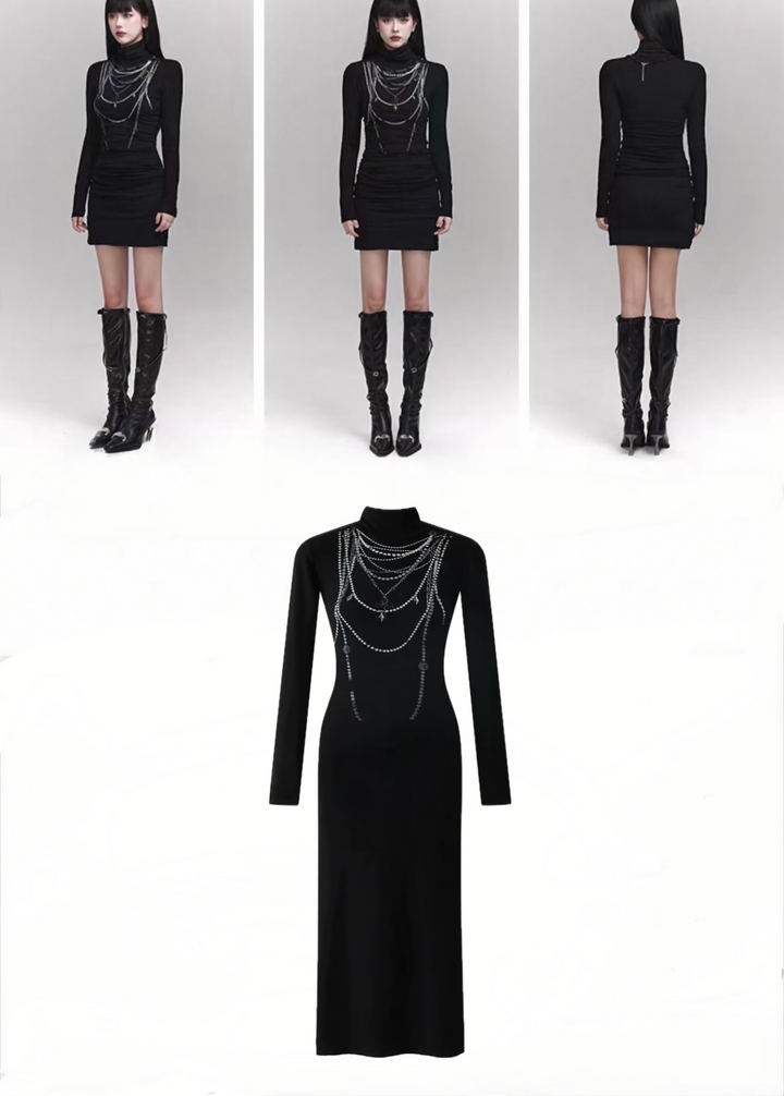 CHAIN DETAIL DARK LONG DRESS  / LG1420